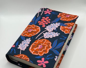 Handmade Adjustable Book Cover | Fabric Dust Jacket | Navy Floral Design