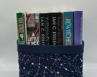 Handmade TBR Book Basket | Fabric Book Organiser | Navy Starry Design