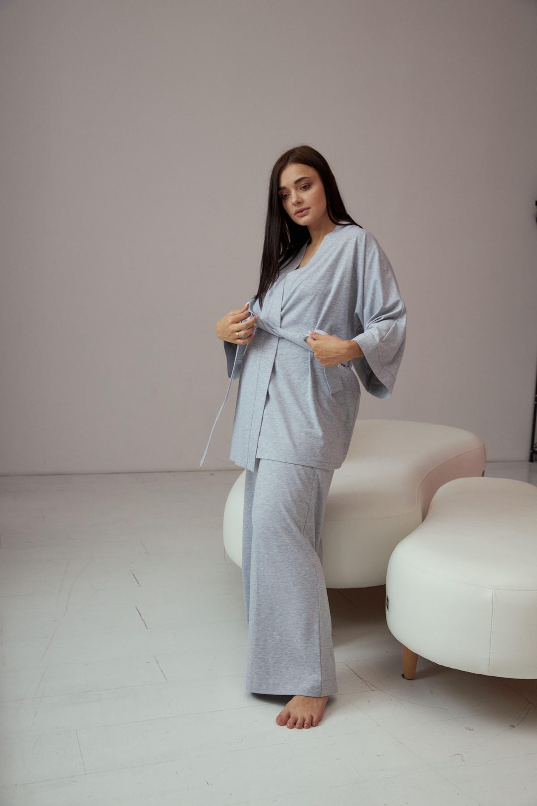 Minimalist Cotton Homewear Set – Cozy Belted Robe and Relaxed Pants - Etsy