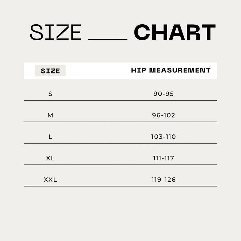 K&ouml;nnte beinhalten: Gr&ouml;&szlig;entabelle f&uuml;r Kleidung mit H&uuml;ftma&szlig;en in Zoll. Die Gr&ouml;&szlig;en umfassen S, M, L, XL und XXL. Die H&uuml;ftma&szlig;e reichen von 90-95 Zoll bis 119-126 Zoll.
