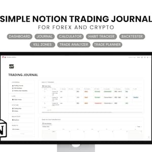 May include: A screenshot of a Notion workspace showing a trading journal template for Forex and Crypto. The template includes sections for daily trades, end of day markups, and a habit tracker. The template is designed to help traders track their progress and improve their trading performance.