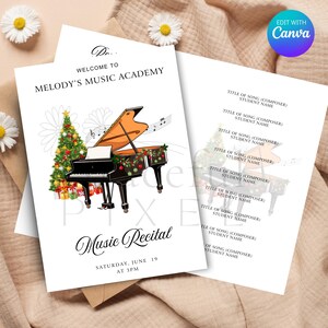 May include: A white invitation card with a black and white illustration of a piano with a Christmas tree and presents. The text on the card reads "Welcome to Melody's Music Academy" and "Music Recital" with the date and time of the event.