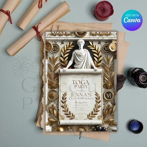 Invito per festa in toga - Invito per evento modificabile sull'antica Roma e Grecia, modello stampabile per costume da toga, perfetto per le celebrazioni