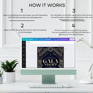 Puede incluir: Una pantalla de ordenador que muestra una plantilla de dise&ntilde;o de Canva para una invitaci&oacute;n a una noche de gala. La plantilla presenta un dise&ntilde;o art d&eacute;co en oro y negro con el texto "Gala Night" en letras doradas. La plantilla es editable usando la versi&oacute;n gratuita de Canva.