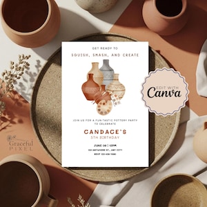 Puede incluir: Una invitación a una fiesta de cerámica con una ilustración de acuarela de jarrones y herramientas de cerámica. La invitación dice "Prepárense para aplastar, romper y crear" e incluye los detalles de la fiesta de cumpleaños de Candace.