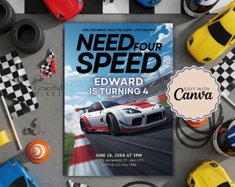 Invitación de cumpleaños de Need Four Speed: invitación imprimible para fiesta de cuarto cumpleaños de carreras de autos para niños y niñas.