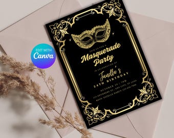 Masquerade Ball Birthday Invitation Template - Editable & Printable Party Invite for Fun Birthday Celebrations