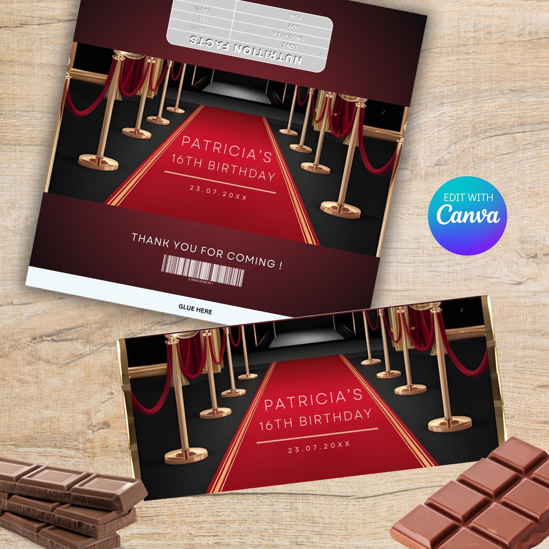 Wrapper Printable Red Red Carpet Chocolate Bar Wrapper Template, Red Carpet Birthday ...