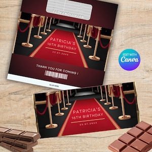 May include: Red and gold chocolate bar wrapper with a red carpet and gold stanchions. The text on the wrapper reads "Patricia's 16th Birthday 23.07.20XX".