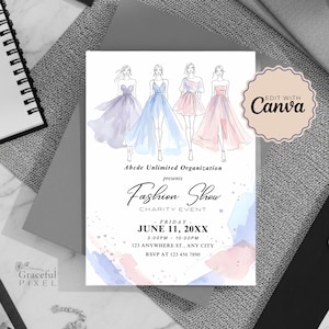 Peut inclure: Carte d'invitation blanche pour un défilé de mode, avec des illustrations de quatre mannequins en robes élégantes. La carte comprend les détails de l'événement : date, heure, lieu et informations RSVP. Le texte "Edit with Canva" est également visible.