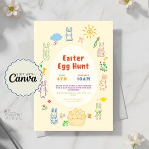 Puede incluir: Invitación a la búsqueda de huevos de Pascua con un fondo amarillo claro e ilustraciones coloridas de conejitos, huevos y flores. El texto dice "Easter Egg Hunt" con la fecha y hora. El logotipo de Canva es visible.