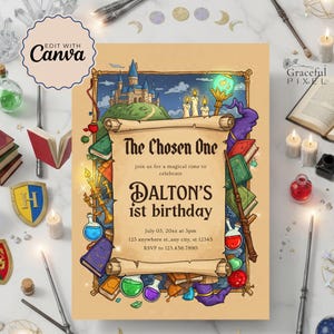 The Chosen One Birthday Invitation, Wizard First Birthday Party Invite, Magical School Theme Printable Wizard Party Invite Editable Template