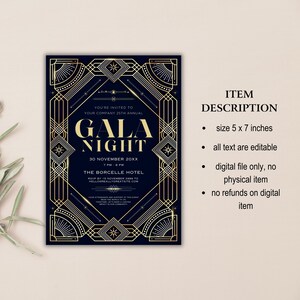 Puede incluir: Una invitaci&oacute;n dorada y negra para una noche de gala. La invitaci&oacute;n presenta un dise&ntilde;o art d&eacute;co con formas geom&eacute;tricas y estrellas. El texto dice "Est&aacute;s invitado al 25&ordm; aniversario anual de tu empresa, Gala Night, 30 de noviembre de 20XX, de 19:00 a 21:00, The Borcelle Hotel, RSVP antes del 15 de noviembre de 20XX a hello reallygreatsite.com".