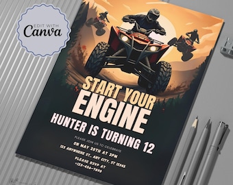 Invito di compleanno per ATV - Invito per festa in moto a quattro ruote, Necessario invito di compleanno per ATV a 4 velocità, Invito di compleanno fuoristrada, Invito per festa stampabile