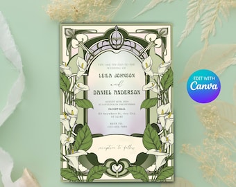 Puede incluir: Una invitación de boda verde y blanca con un diseño art déco con calas blancas. La invitación dice "Están invitados a la boda de Leila Johnson y Daniel Anderson" con la fecha, la hora y el lugar de la boda.