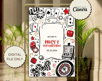 May include: A printable sign for a casino-themed party. The sign is white with black and red illustrations of playing cards, dice, poker chips, a slot machine, and a roulette wheel. The text on the sign reads "Welcome to Macy's 45th Birthday 05.25.20XX".