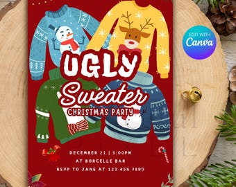 May include: A red invitation for an Ugly Sweater Christmas Party. The invitation features illustrations of four different sweaters, including a snowman and a reindeer. The text includes the date, time, location, and RSVP information.