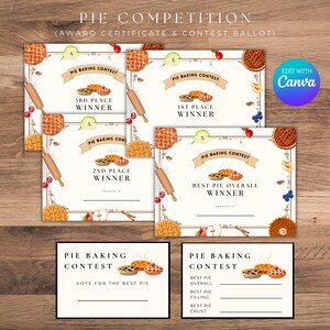 Puede incluir: Certificados de premio y boleta de votación imprimibles para un concurso de horneado de tartas. Los certificados están decorados con una ilustración de estilo acuarela de tartas, manzanas, cerezas y palitos de canela. La boleta de votación tiene una sección para votar por la mejor tarta en general, el mejor relleno de tarta y la mejor costra de tarta.