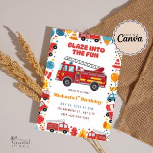 Convite de caminhão de bombeiros, cartão de aniversário de caminhão de bombeiros, convite para festa de aniversário de caminhão de bombeiros, convite de aniversário de caminhão de bombeiros, convite para festa para imprimir
