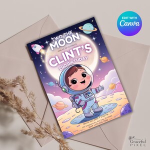 Deux l'invitation d'anniversaire de la lune | Invitation imprimable fusée et espace extra-atmosphérique pour enfants | Invitation à une soirée à thème sur l'espace