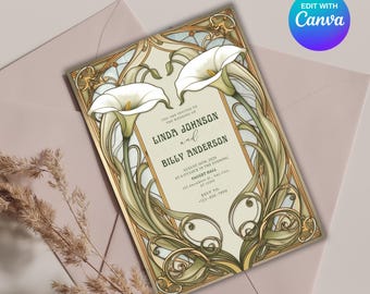 Puede incluir: Invitación de boda Art Deco con un marco dorado y verde con dos lirios blancos. El texto dice "Usted está invitado a la boda de Linda Johnson y Billy Anderson, el 10 de agosto de 2024 a las 6 de la tarde, Fauget Hall, 123 Anywhere, Any City, RSVP al +123-456-7890".