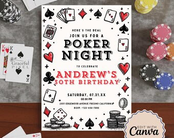 May include: A poker night invitation with the text "Poker Night" and "Andrew's 30th Birthday". The invitation features playing card suits and chips. Playing cards and poker chips are scattered around the invitation.
