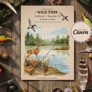 Invitación de cumpleaños de caza imprimible, invitación digital para fiesta de caza de ciervos y pesca, celebración de cumpleaños infantil al aire libre con temática de caza, fiesta imprimible en