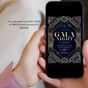 Puede incluir: Una invitaci&oacute;n digital para una noche de gala con dise&ntilde;o art d&eacute;co en oro y negro. El texto dice "Est&aacute;s invitado al 25&ordm; aniversario anual de tu empresa, Gala Night, 30 de noviembre de 20XX, 19:00, The Borcelle Hotel, helloreallycreative.com".
