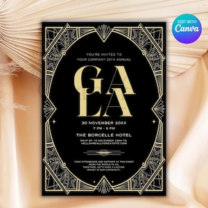 Op de afbeelding: Een uitnodiging in art deco-stijl voor een gala, in zwart en goud. De uitnodiging luidt "YOU'RE INVITED TO YOUR COMPANY 25TH ANNUAL GALA" en de datum "30 NOVEMBER 20XX".