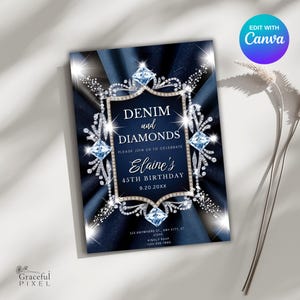 Invitación de mezclilla y diamantes, invitación de mezclilla, invitación para fiesta temática de mezclilla, invitación de cumpleaños de mezclilla y diamantes, invitación imprimible para fiesta de diamantes