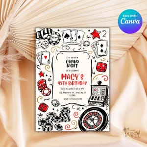 Invitación de cumpleaños de casino: invitación de póquer y cartas de juego para fiesta temática de casino, perfecta para celebraciones de la noche de casino Invitación de fiesta imprimible