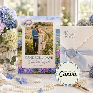 May include: A rectangular Save the Date card featuring a photograph of a couple walking in a field, with the text CANDACE & DAVE, Save The Date, and 07.10.20XX. The card is decorated with watercolor hydrangeas and sits next to a textured envelope.