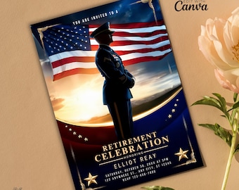 May include: A retirement celebration invitation with a silhouette of a person in military uniform standing in front of an American flag. The invitation is decorated with gold stars and a blue and red background. The text reads "Retirement Celebration Honoring Elliot Reay Saturday, October 30, 20XX at 3PM 123 Anywhere St. Any City, ST 12345 RSVP 123-456-7890"