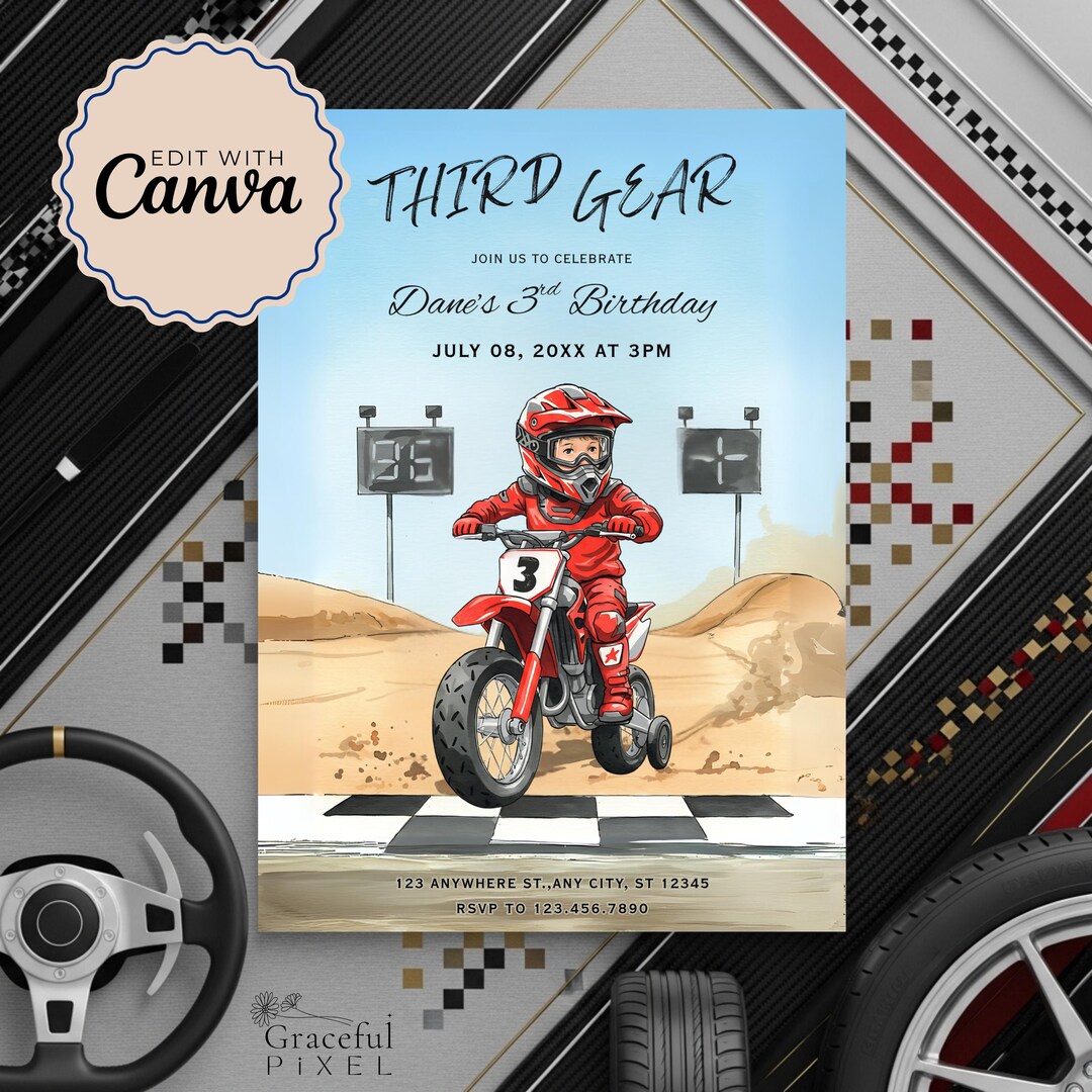 Third Gear Birthday Invitation, Race Car 3rd Birthday Party Invite ...