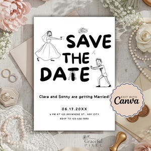 Save The Date Karte sjabloon digitale huwelijksuitnodiging, handgetekende afdrukbare Evite, moderne Save The Date-kaart, direct downloaden