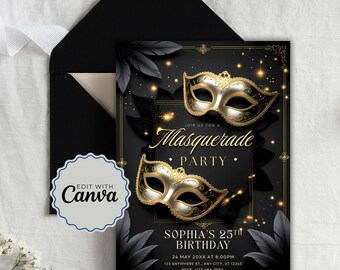 Masquerade Ball Birthday Invitation Template - Editable & Printable Party Invite for Fun Birthday Celebrations