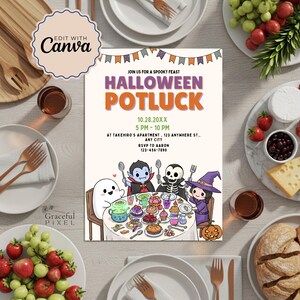 Op de afbeelding: Een Halloween Potluck-uitnodiging met cartoonfiguren rond een tafel vol eten. De uitnodigingstekst luidt "Halloween Potluck" met datum, tijd en RSVP-informatie. Het ontwerp bevat een pompoen, geesten en andere feestelijke elementen. De uitnodiging is omringd door borden, bestek en eten.