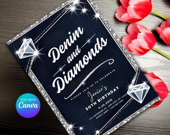 Denim and Diamond Invite, Denim Invitation, Denim Theme Party Invitation, Denim and Diamond Birthday Invite Printable Party Invite Diamond