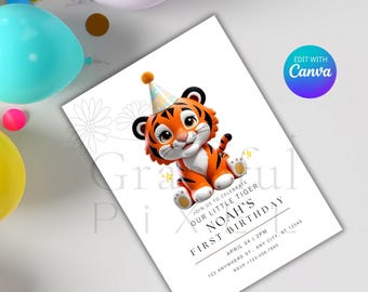 Tiger First Birthday Invite, Printable Tiger Invitation Card, Wild Safari Birthday Party Invite, Personalized Tiger Theme Invite