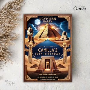 Egyptische verjaardagsuitnodiging | Feestuitnodiging Oude Egypte | Aangepaste afdrukbare feestkaart met Egyptisch thema
