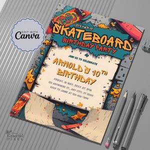 Skateboarding Party Invitation, Skateboard Invite, Skateboard Birthday Invite, Skateboard Themed Invitation, Printable Party Invite