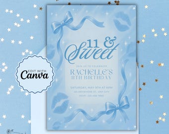 Blue Bow Birthday Invitation Template for Girls, Printable 11th Birthday Invite, Elegant Coquette Style Party Invite
