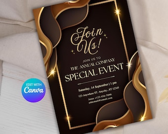 May include: A gold and brown invitation with a decorative design. The text reads "Join Us!" and "The Annual Company Special Event". The invitation includes the date, time, address, and contact information.