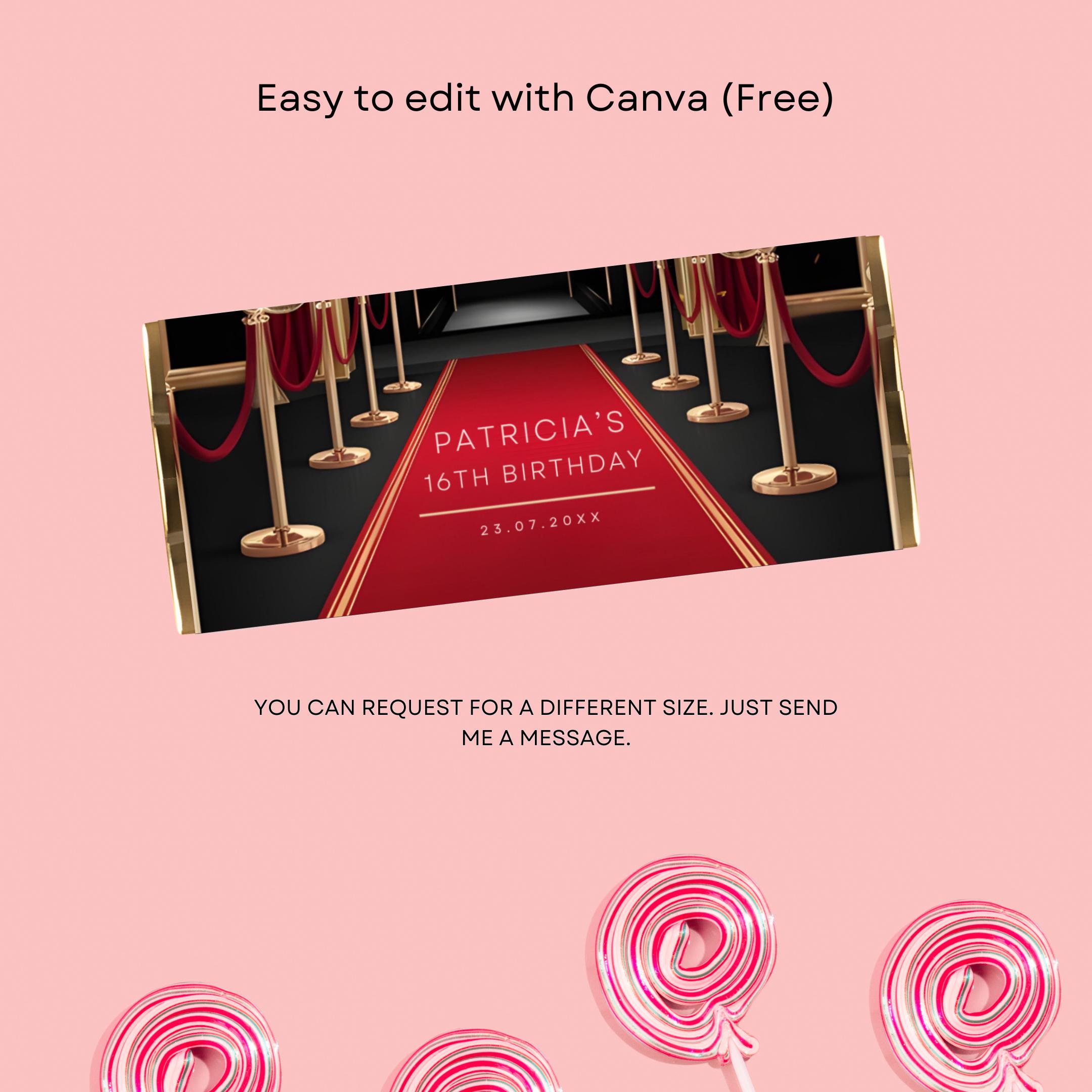 Wrapper Printable Red Red Carpet Chocolate Bar Wrapper Template, Red Carpet Birthday ...