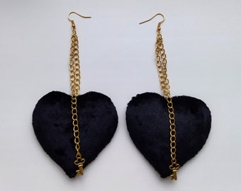 Big velvet earrings, black heart goth earrings, dangle earrings, elegant earrings, handmade earrings, woman's earrings, fashion accessories