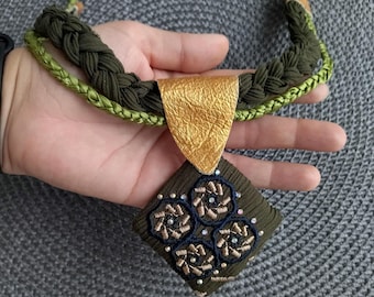 Statement necklace, khaki green olive embroidered pendant boho bohemian Textile fabric necklace,unique jewelry,fashion women accessories