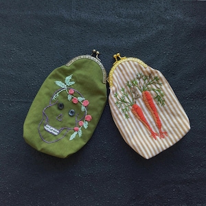 embroidered coin purse carrots and skull, glasses case,fabric soft cosmetic bag,small handbag with kiss clasp lock,women wallet, accessory