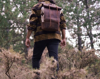 Handmade Cowhide Leather Canvas Backpack – Bushcraft Hiking Rucksack