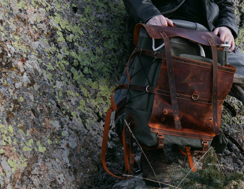 Waxed Canvas Leather Bushcraft Backpack | Waterproof Camping Rucksack ...