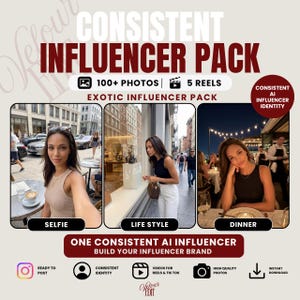 Può includere: Un pacchetto di marketing digitale intitolato Consistent Influencer Pack con oltre 100 foto e 5 reel. La grafica mostra tre immagini di una persona in contesti di selfie, lifestyle e cena, con testo che promuove un'identità di influencer IA.